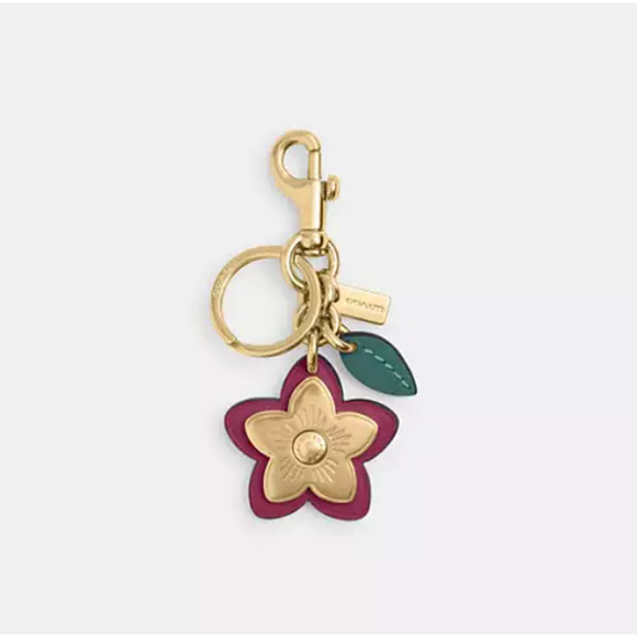 Coach Wildflower Bag Charm With Key ring Key Chain In Gold/Pink Flower NWT - Picture 1 of 7